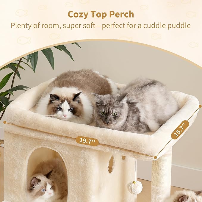 Heybly Cat Tree, 26.3-inch Cat Tower with Spacious Top Perch for Large Cats, Stair-Style Cat House Furniture with Dual-Layer Condos, Sisal Scratching Posts, Cozy Basket & Pompom, Beige HCT204SM