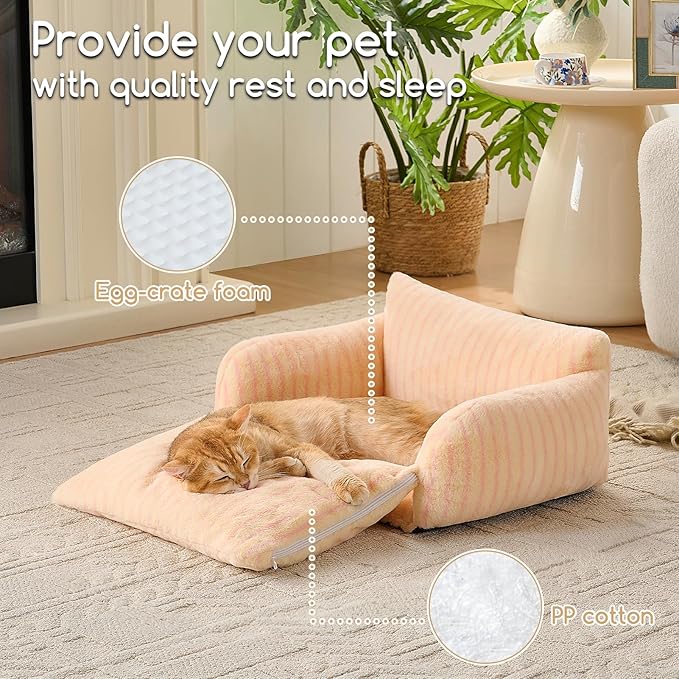 Hollypet Cat Bed Fluffy Plush Multifunctional Double-Layer Machine Washable Soft Warming Kitty Pet Couch Orthopedic Nest Beds for Small Cats Kitten and Dogs up to 13lbs, Pink Stripes(21x15x8 inch)