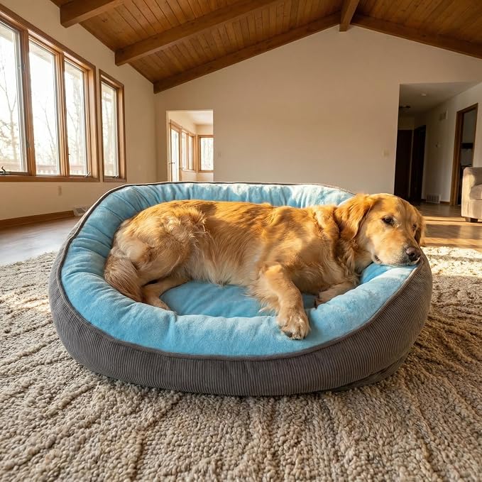 Calming Dog Bed for Medium to Large Dogs 30"x21" - Orthopedic Washable Pet Bed with Anti-Slip Bottom, Indoor Soft Cat Bed with Removable Cover (Sky Blue)