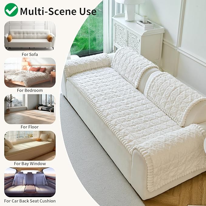 Fuzzy Couch Covers for Dogs, Non Slip Thick Dog Couch Cover Protector, Plush Pet Couch Covers for Sofa Washable, Soft Sofa Cushion Slipcovers Pet Friendly(1PC, Beige White, 27.6”x94.5”)