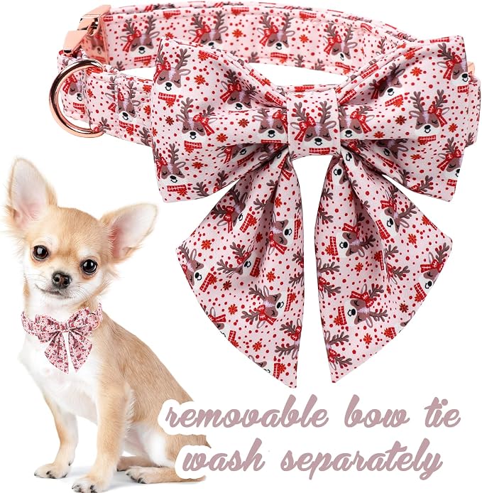 Unique Style Paws Christmas Dog Collar with Bowtie Red Pink Elk Cotton Puppy Collars for Small Medium Large Dogs