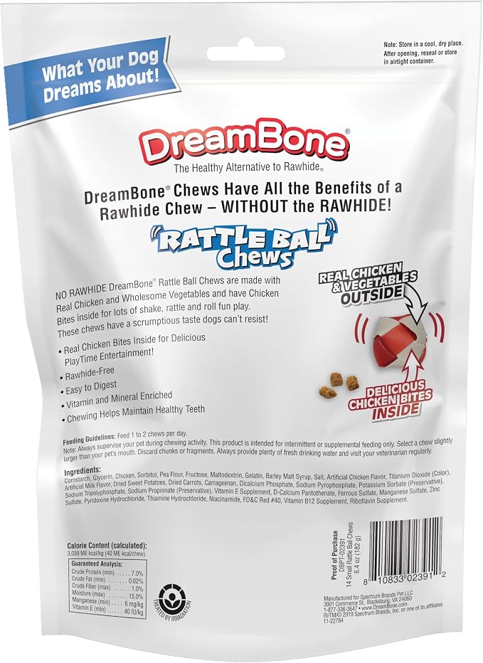 DreamBone Chicken RattleBall Dog Treats, Daily Rawhide-Free Chew, Digests Safely, With Real Protein, Chicken and Veggies, 14 count