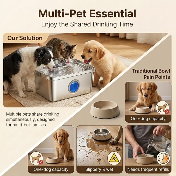 PETTEN 12L Large Dog Water Fountain for Large Dogs & Multi-Pet Homes,304 Stainless Steel 3Gal Pet Water Fountain Ultra Quiet Automatic Water Dispenser, Advanced Filtration, Easy Clean Indoor Use