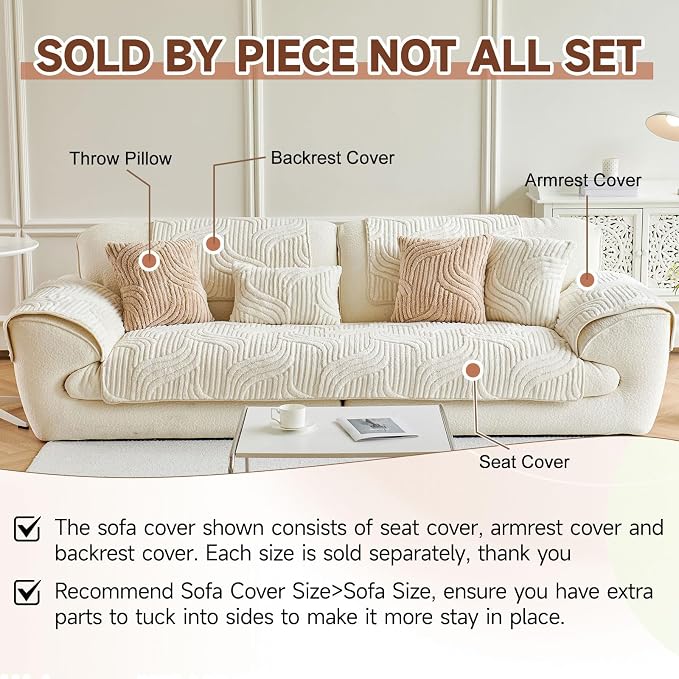 OTOB Couch Covers for 3 Cushion Couch Sofa Pet Friendly, Washable & Non Slip Fuzzy Plush Sofa Cover Slipcovers, All Seasons Ultra Soft Furniture Protector, 1 Piece (Cream, 27.6"x70.9")