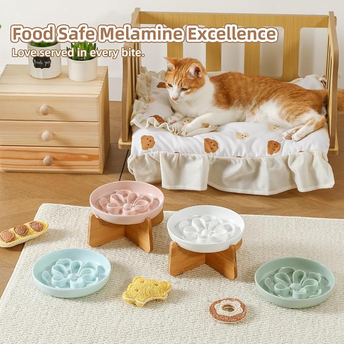 PTOBER Elevated Slow Feeder Cat Bowl - Melamine Cat Dish with Anti-Slip Bamboo Stand - Whisker Friendly Feeding Bowl - Floral Maze Food Plate for Slow Eating - White