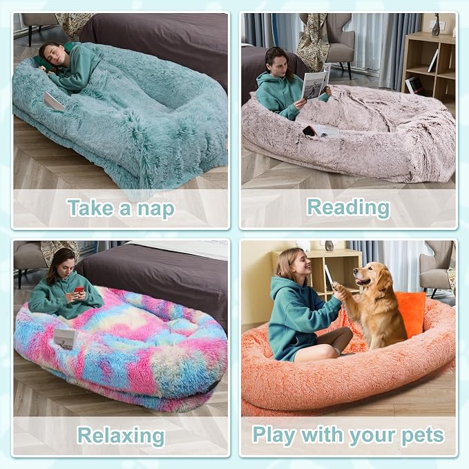 YAEM Human Dog Bed for Adult and Pets - 71"x45"x12" Dogs Beds for Humans with Washable Faux Fur Cover, Plump Pillow, Blanket, Orthopedic Design, Strap-Rainbow
