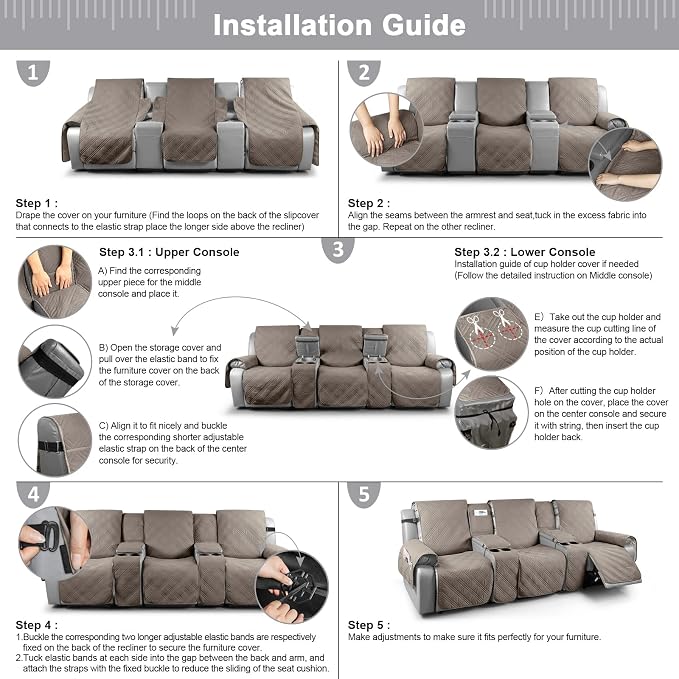 TAOCOCO 100% Waterproof Recliner Couch Covers with Console, Sofa Covers for Reclining Sofa 3 Seat with Straps Design, Split Recliner Sofa Cover Furniture Pets Kids Protector (3 Seater, Taupe)