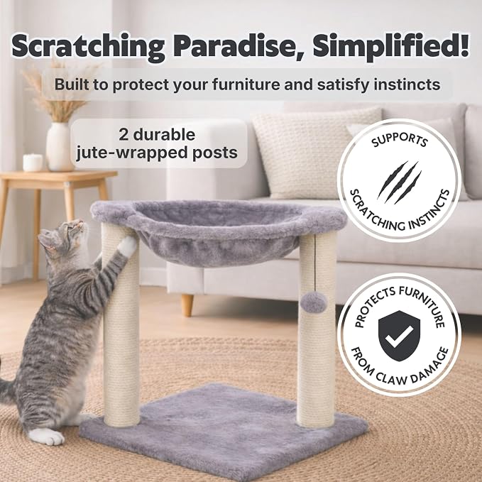 Trixie Baza Cat Scratching Posts, Gray, 15.7" L x 15.7" W x 19.7" H | Indoor Cat Furniture, Plush Hammock, Jute Scratcher Posts, Dangling Toy Ball
