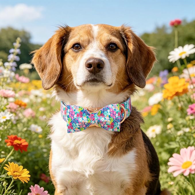 Elegant Little Tail Spring Floral Dog Collar, Cute Girl Dog Collars with Bow - Wildflowers Pink Puppy Collar, Adjustable Female Dog Collars Bowtie for Small Medium Large Dogs
