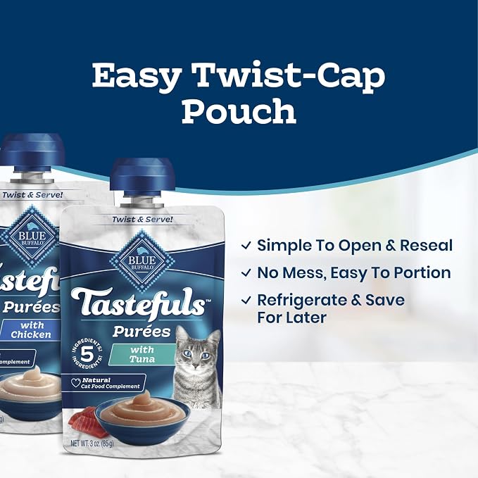 Blue Buffalo Tastefuls Purées Variety Pack Wet Cat Food Complement (Chicken & Tuna) Made with Natural Ingredients, for All Life Stages, 3-oz. Resealable Pouches (12 Count)