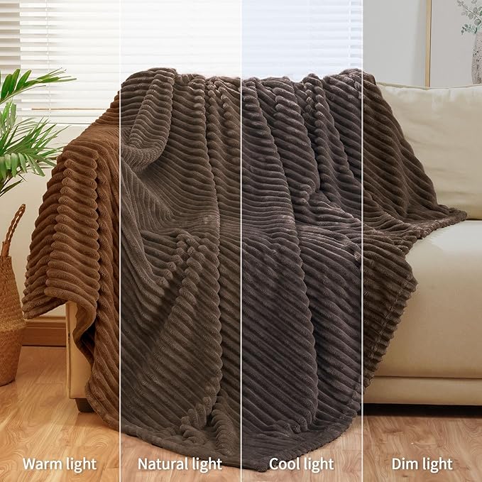Bnuitland Brown Fleece Throw Blanket 90"x108",300GSM Soft Cozy Warm Lightweight Stripe Pattern for Bed Sofa Home Decor,Suitable for Adults Family All Season