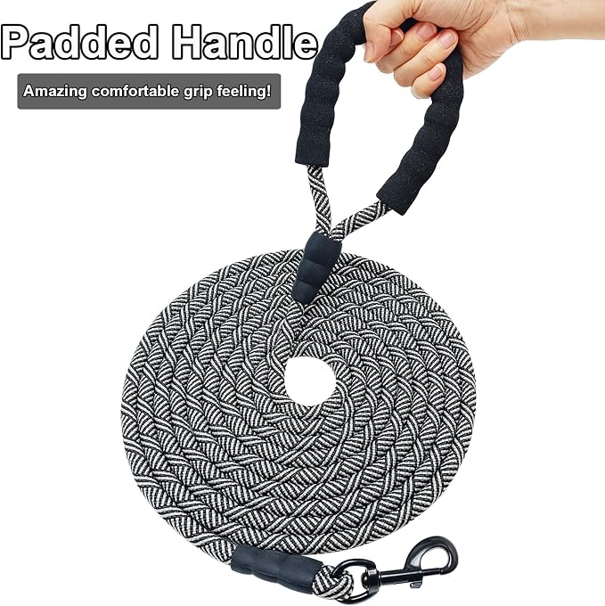 MayPaw Heavy Duty Rope Dog Leash, 3/4/6/7/8/10/12/15/20/30 FT Long Dog Lead Nylon Pet Leash, Soft Padded Handle Thick Lead Training Leashes for Large Medium Dogs (20ft * 1/2", Black)