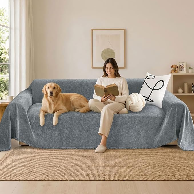 hyha Couch Cover for Dogs, Boho Sofa Covers for 3 Cushion Couch Washable, Chenille Sofa Slipcover for Pets, Soft Loveseat Sectional Couch Throw Blankets with Tassels (Grey, 71x150 Inch)