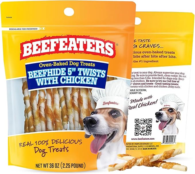 Beefeaters Beefhide 5in Twist Sticks with Real Chicken 36oz - Dog Rawhide Chews for Clean Teeth & Training, High Protein Dog Treat Chews, Chicken Wrapped Rawhide Sticks, No Artificial Colors or Flavor