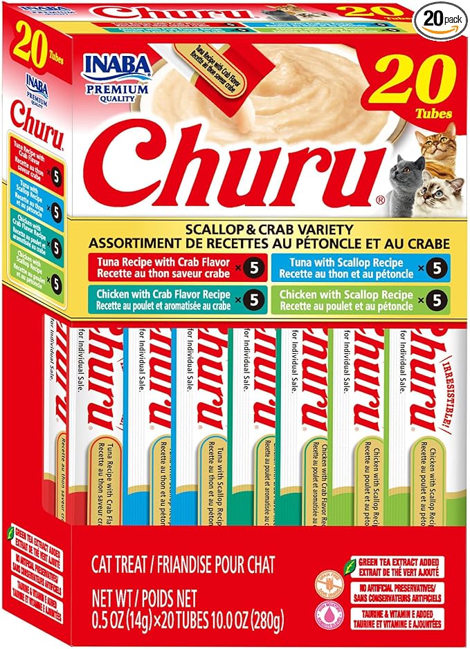 INABA Churu Cat Treats, Lickable, Squeezable Creamy Purée Cat Treat with Green Tea Extract & Taurine, 0.5oz. Each Tube, 20 Tubes, Scallop & Crab Variety