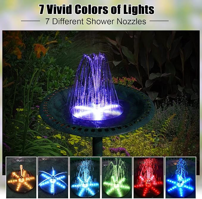 Solar Bird Bath Fountains Upgraded, 4W Solar Powered Water Fountain Pump with 4000 Battery, 7 Nozzles & 4 Fixers, Colorful LED Lights for Garden, Pond, Swimming Pool, Fish Tank, and Outdoor