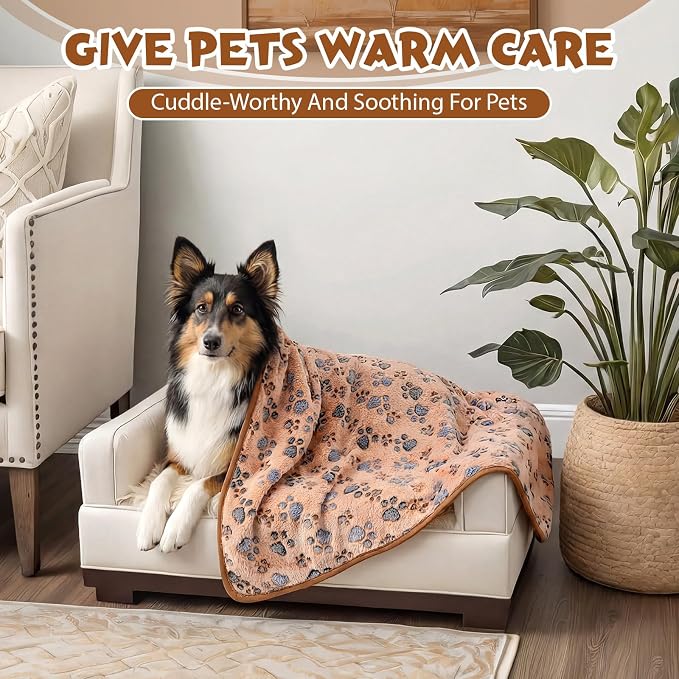 Tegeme 12 Pcs Pet Blankets 41 x 30 Inch Soft Fluffy Fleece Dog Cat Warm Paw Print Pattern Blankets Flannel Throw for Pets Dog Puppy Cat(Camel,Gray)
