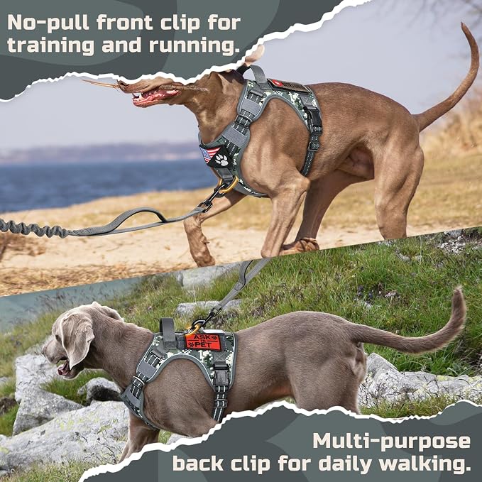 rabbitgoo Tactical Dog Harness for Large Dogs, No Pull Military Service Vest with Handle & Molle, Easy Control for Training Walking, Adjustable Reflective Straps, Dark Grey Camo, L