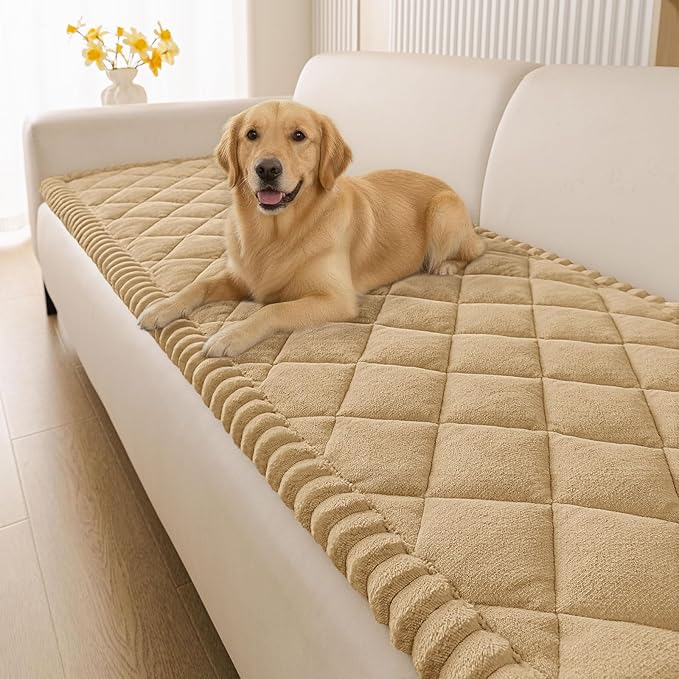 Smiry Couch Cover for Dogs, Non Slip Washable Pet Sofa Protector for Large Dogs, Cats, Fuzzy Plush Sofa Covers for 2 Cushion Couch, Against Fur, Dirt & Scratch Resistant, Camel, 27.6"×47"