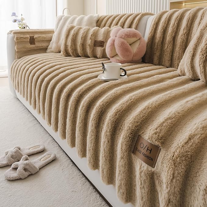 Fuzzy Rabbit Plush Sofa Cover Thick Soft Fur Sectional Couch Cover Furry Fluffy Cushion Cover Non-Slip Sofa Slipcovers Vertical Stripe Furniture Protector for Dogs Cats(Coffee,28"x47")