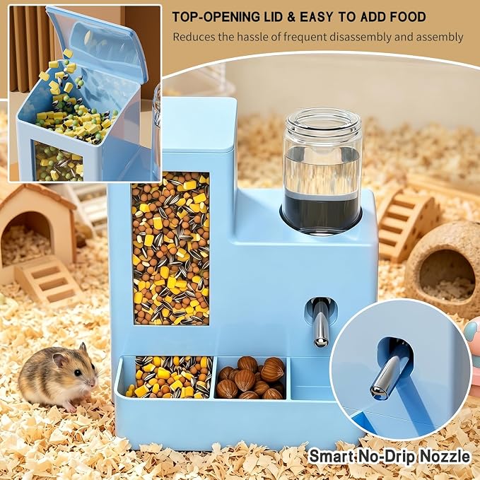 Hamster Water Bottle and Food Bowl, No Drip 2-in-1 Automatic Feeder and Waterer, Gravity Self Feeding Guinea Pig Feeder for Small Pets, Hamster Cage Accessories, 5.51 x 4.33 x 6.49 Inch
