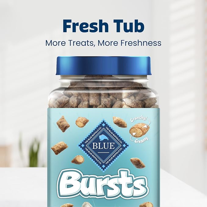 Blue Buffalo Bursts Savory Seafood Crunchy & Creamy Cat Treats, Great for Training, Real Salmon Natural Cat Treats Enhanced with Vitamins, Minerals & Other Nutrients, Tub 12 oz.