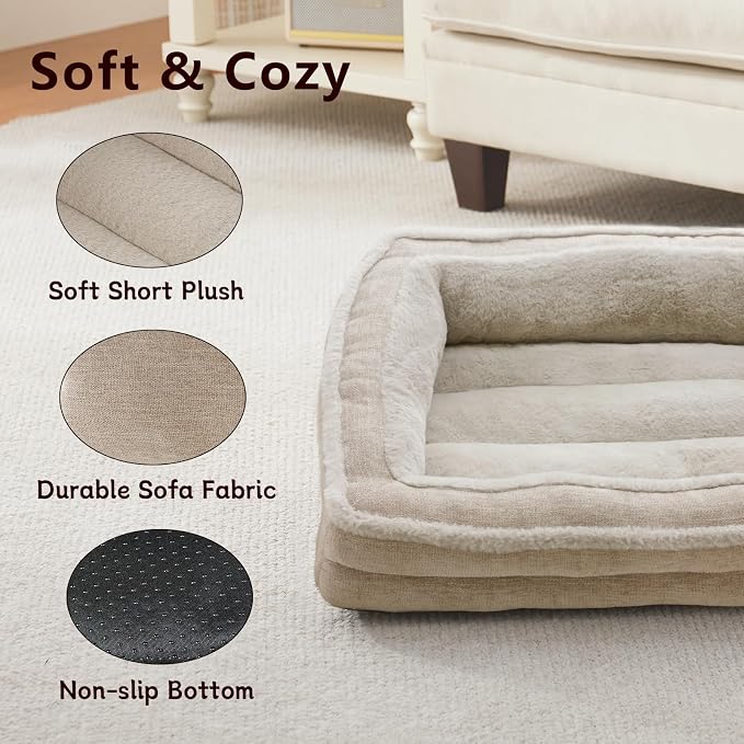 Laojin Balhen Cat Couch for Pets, Washable Cat Beds for Indoor Cats, Super Soft Plush Supportive Dog Couch Bed for Puppy and Kitten with Anti-Slip Bottom, 24inch, Beige