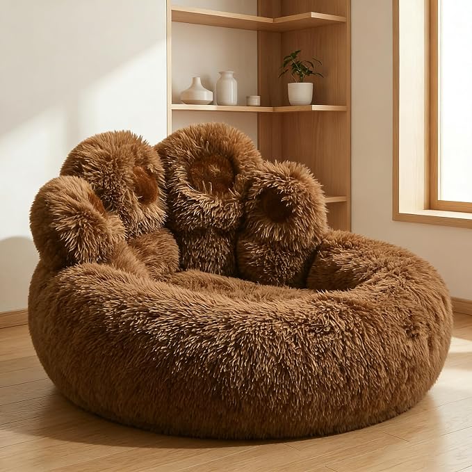 Cat Paw Shaped Cat Bed, Long Plush Calming Cat Bed for Indoor Cats, Washable Pet Bed with Anti-Slip Bottom, Soft Cozy Bed for Small Medium Large Cats & Dogs (Brown, Medium)