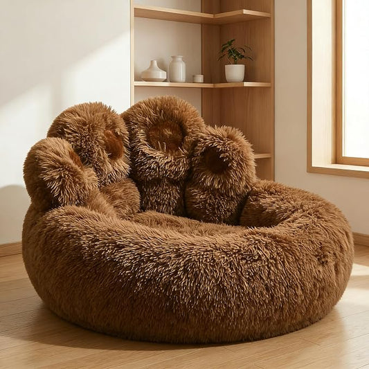 Cat Paw Shaped Cat Bed, Long Plush Calming Cat Bed for Indoor Cats, Washable Pet Bed with Anti-Slip Bottom, Soft Cozy Bed for Small Medium Large Cats & Dogs (Brown, Small)