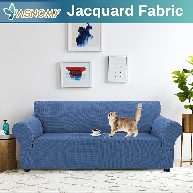 Asnomy Couch Covers for 3 Cushion Couch Stretch Sofa Covers Slipcovers, Pet Protector Furniture Covers for Dogs Cats Spandex Jacquard Fabric Small Checks （Large，River Blue）