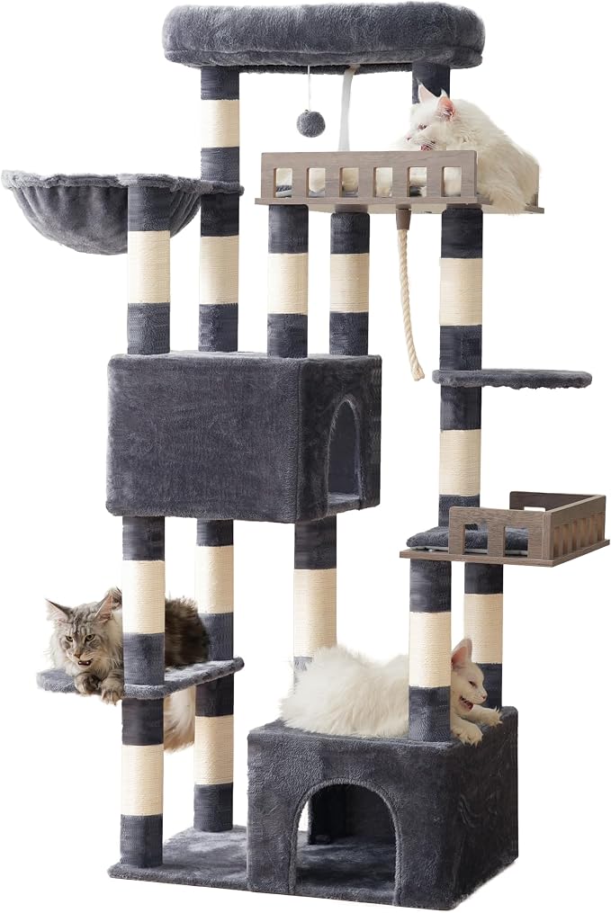 Gitelsnour Maine Coon Cat Tree, Heavy Duty Cat Tree for Indoor Cats Large Adult, Cat Tower for Large Cats 20 lbs+ with Hammock, 2 Big Perches, 2 Cat Condos, 15 Scratching Posts, Smoky Gray GCT033G