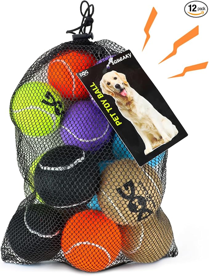 INSUM Squeaky Tennis Balls for Dogs - 12 Pack 2.5'' Durable Non-Toxic Outdoor Dog Toys Balls with Mesh Bag, SGS Certified, Colorful Fetch Toys, Medium Large Breeds