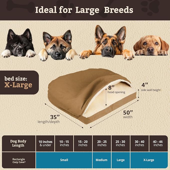 Snoozer Rectangle Cozy Cave Dog Bed - Indoor Dog Bed with Cover Cave, Covered Calming Burrow for Large Sized Pets with Blanket Attached, Enclosed, Washable Cover - XL, Camel