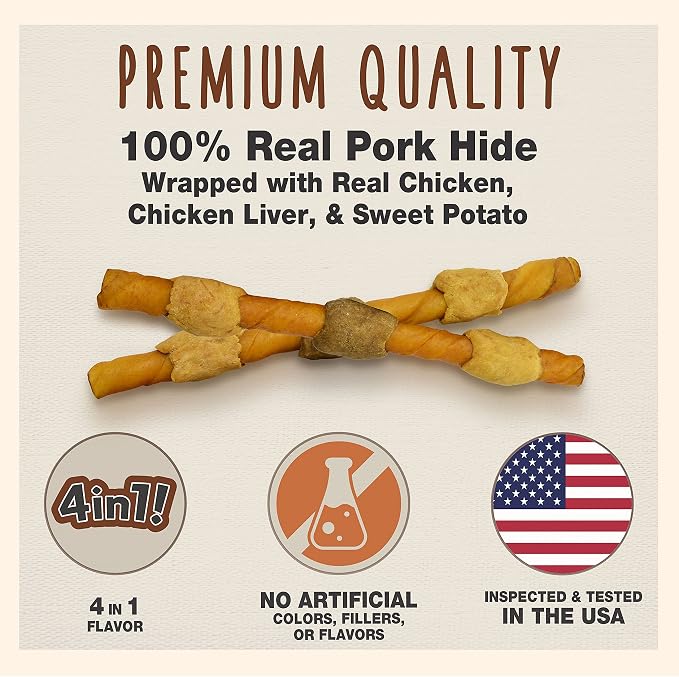 Cadet Gourmet Shish Kabob Dog Chews for Large Dogs, Rawhide Treats with Chicken and Sweet Potato, Healthy & Natural Pork Hide, 10-Inch Sticks, 4 Count