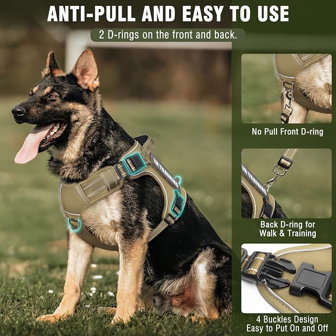 Tactical Dog Harness and Leash Set for Large Dogs,Heavy Duty No Pull Service Dog Vest and 10 Patches with Dog Seat Belt,Reflective Adjustable Pet Harness for Training Walking Hiking Brown L
