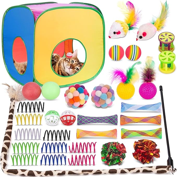 Retro Shaw Cat Toys Pack 33Pcs, Interactive Kitten Toys for Indoor Kittens Cats, Collapsible Kitty Play Tunnel Tent Feather Wand Balls Bell Springs Mouse Kitty Toys for All Breeds (Large Tunnel)