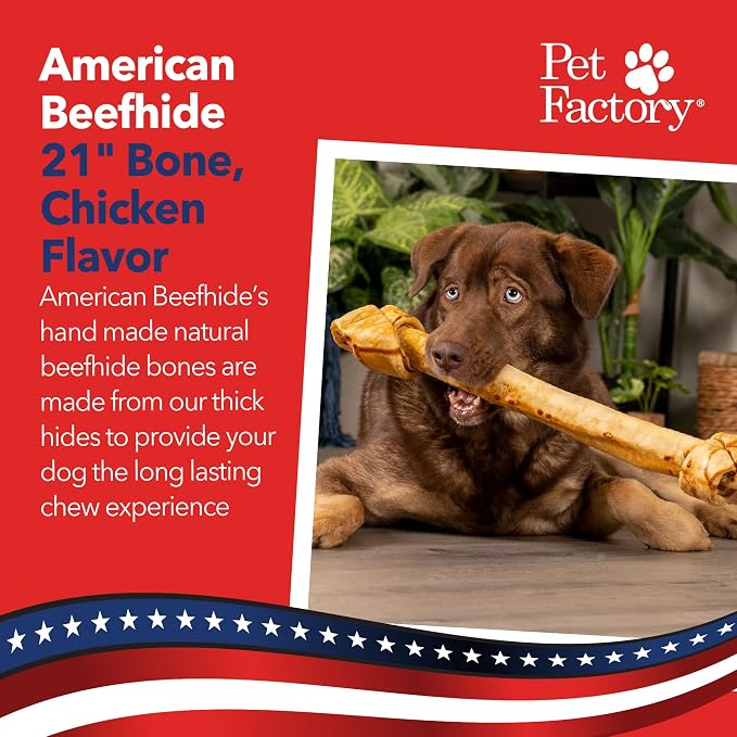 Pet Factory - Chicken Flavor American Beefhide Knotted Bone Dog Chew (20-22 inch) - Natural Long Lasting Chews for Dental Health, Thick Rawhide Dog Bones from USA Cattle