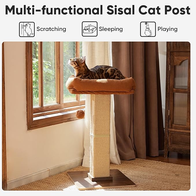 FUKUMARU Cat Scratching Post, Retro-Style Tall Scratch Posts with Perch for Indoor Cats Adults, Large Cat Scratcher Tower with Bed, Natural Sisal & Solid Wood