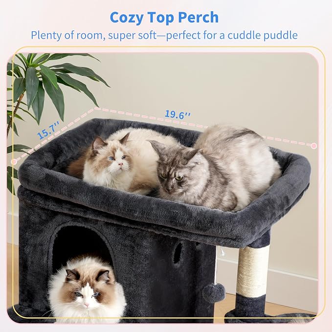 Heybly Cat Tree, 26.3-inch Cat Tower with Spacious Top Perch for Large Cats, Stair-Style Cat House Furniture with Dual-Layer Condos, Sisal Scratching Posts, Cozy Basket & Pompom, Smoky Gray HCT204SG