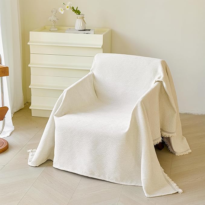 VANJOROY Beige Couch Chair Cover, Armchair for 1 Cushion Couch, Washable Chenille White Sofa Cover Protector Soft Sofa Slipcovers for Pets Dog with Tassel,71"x 91"