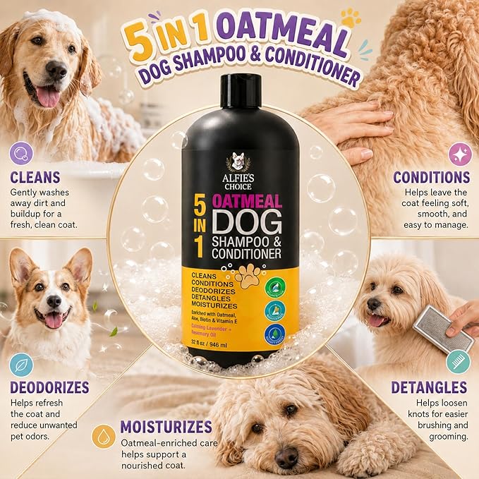 Oatmeal Dog Shampoo and Conditioner 32 fl oz | 5 in 1 Puppy Shampoo for Itchy Sensitive Skin | Dog Wash with Aloe, Biotin & Vitamin E | Cleans, Deodorizes & Moisturizes | All Breeds | ALFIE'S CHOICE
