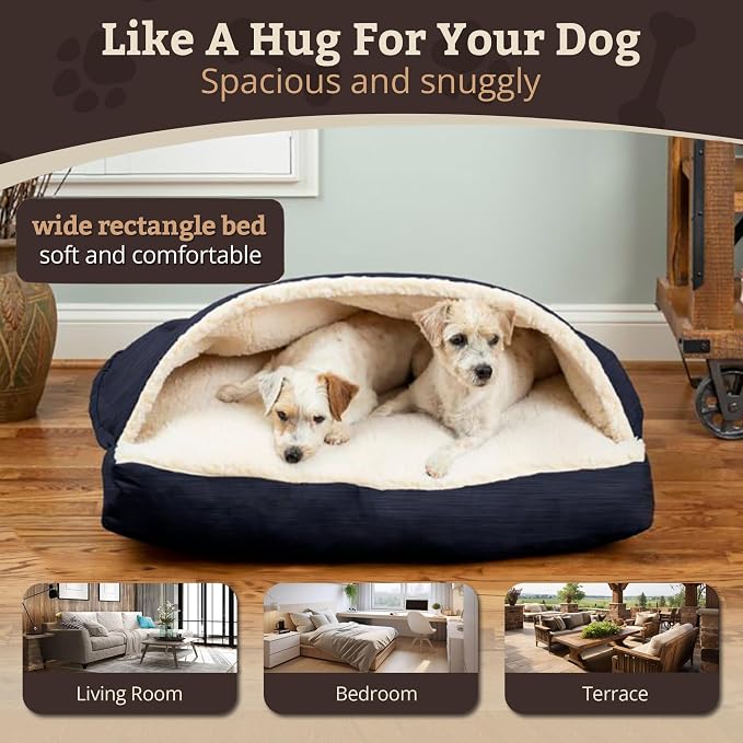 Snoozer Rectangle Cozy Cave Dog Bed - Indoor Dog Bed with Cover Cave, Covered Calming Burrow for Small Sized Pets with Blanket Attached, Enclosed, Washable Cover - Small, Navy