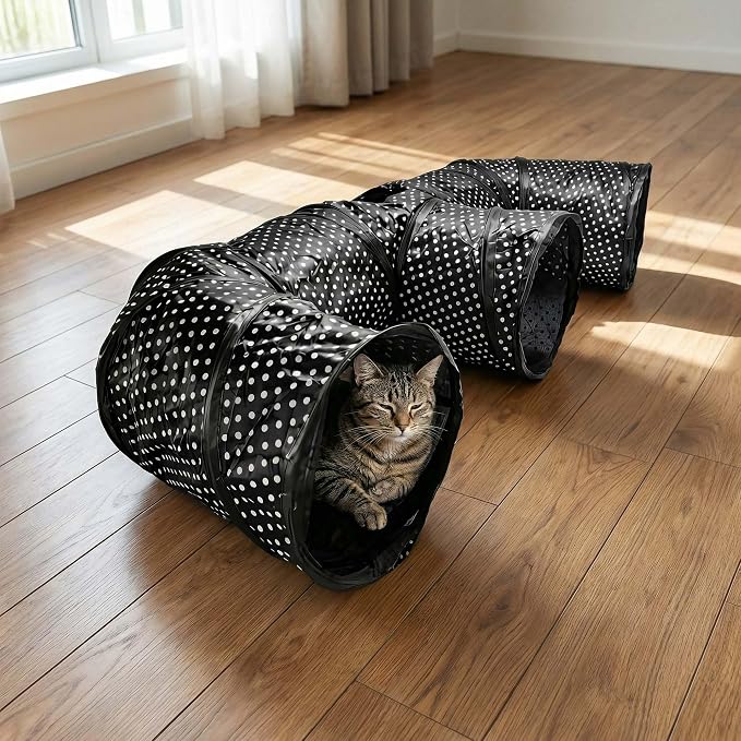 E-Shaped Cat Tunnel, 3-Way Interactive Triple Tube Toy for Indoor Cats, Collapsible Pet Play Maze with Peek-a-Boo Holes, Durable Hideout for Kittens, Puppies, Bunnies & Small Animals (E)