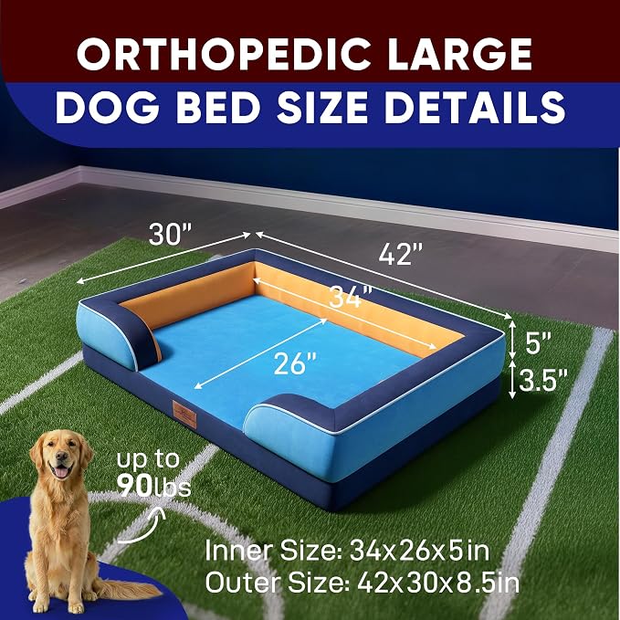 Comfort Expression Orthopedic Dog Bed for Extra Large Dogs 42x30 Inch, Waterproof Egg Crate Foam XL Pet Bed with Bolsters, Dog Couch with Washable Cover & Non-Slip Bottom, Houston