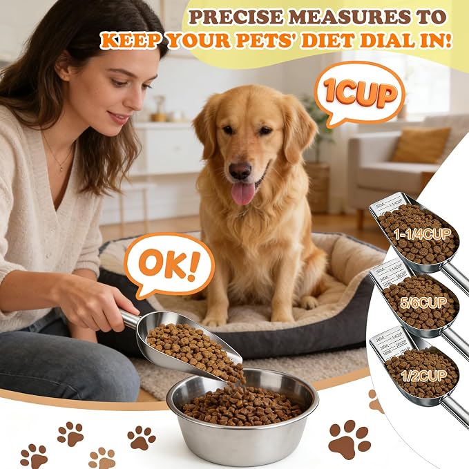Mity rain Dog Food Scoop Stainless Steel with Long Handle, Precise Dog Food Measuring Cup 1.5, 1 1/4, 1, 3/4, 1/2 Cup, Pet Scoop for Cats, Rabbits, Animals, Metal Spoon for Dog Food Storage (1.5CUP)