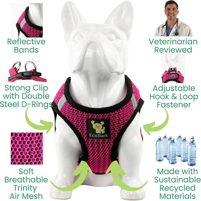 EcoBark Small Dog Harness for Toy Breed Dogs & Puppies - No Pull Soft Luxury Mesh - Step in Harness Halter Vest - Cute Adjustable Little Halter Body Wrap 7-10 lbs (Fuchsia Sport, Small)