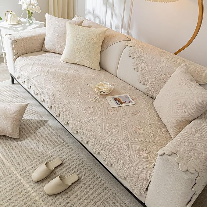 Cotton Quilted Dog Couch Cover for Sofa Farmhouse Rustic Embroidery Sectional Couch Cover Soft Anti-Slip Sofa Slipcover Furniture Protector for Kids, Pets (Khaki,43"x82")