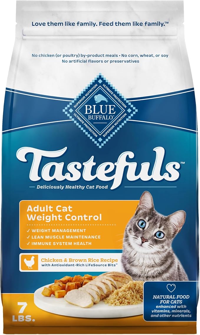 Blue Buffalo Tastefuls Chicken & Brown Rice Recipe Adult Dry Cat Food Weight Control, Real Chicken First, Deliciously Healthy Natural Cat Food, Supports Digestive Care and Coat Health, 7 lbs.