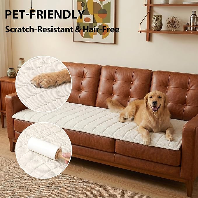 Fixwal Pet Couch Cover Washable Waterproof Non-Slip, Pet-Friendly Sofa Mat for Couches, Soft Sofa Protector for Pets (1PC, Beige White, 27.6" x 59")