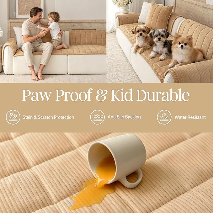 Premium Washable Couch Cover for Dogs, Non Slip Sectional Sofa Protector for L Shape Couch,Dog Couch Cover for Waterproof(1PC/27.6"x80",Khaki)